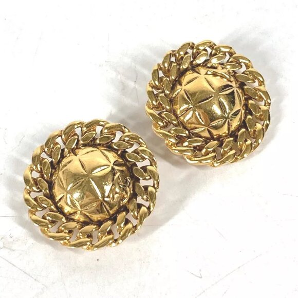 CHANEL vintage Round Chain CC CC Mark Matelasse Accessories Earrings Metal Gold - Picture 1 of 14